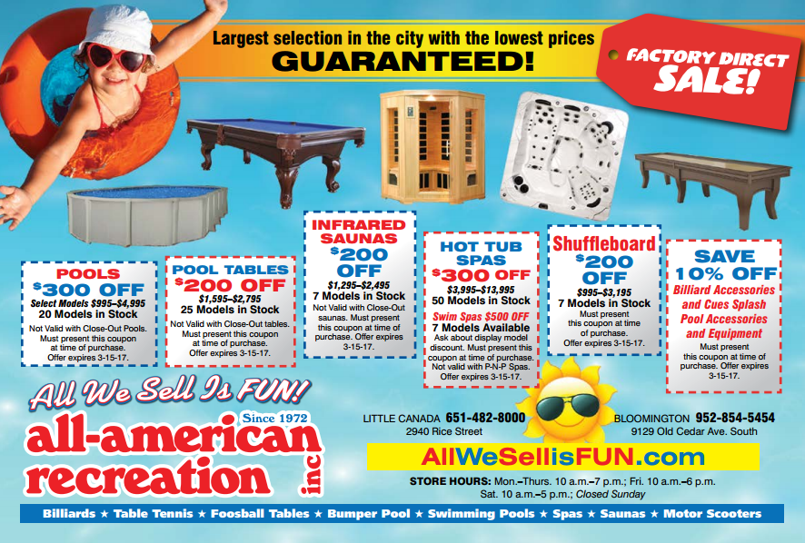 2017 all american rec pool table hot tub spa coupon